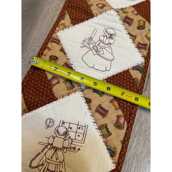 Handcrafted Quilted Wall Hanging With Embroidered Sewing Scenes & "Love To Quilt - Picture 6 of 9